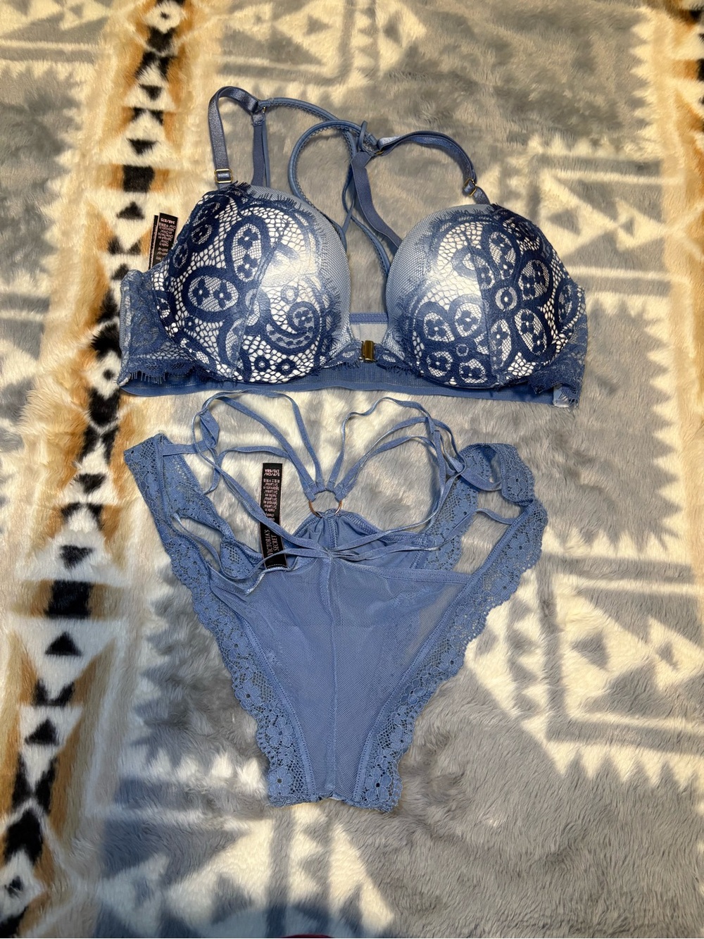 Victoria's Secret Dusty Blue Lace Strappy Bra & Bikini Set (the panty are size s